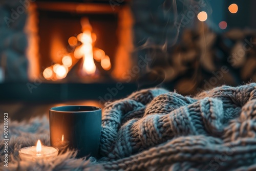 A cup of coffee sits on a cozy blanket in front of a crackling fireplace, A cozy fireplace with a snuggly blanket and hot cocoa photo