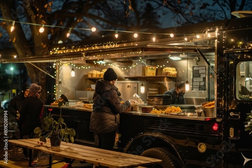 Food Truck Operations in Nighttime Parking Lot, A cozy food truck with a cozy atmosphere, serving up comforting dishes like mac and cheese and grilled cheese sandwiches © Iftikhar alam