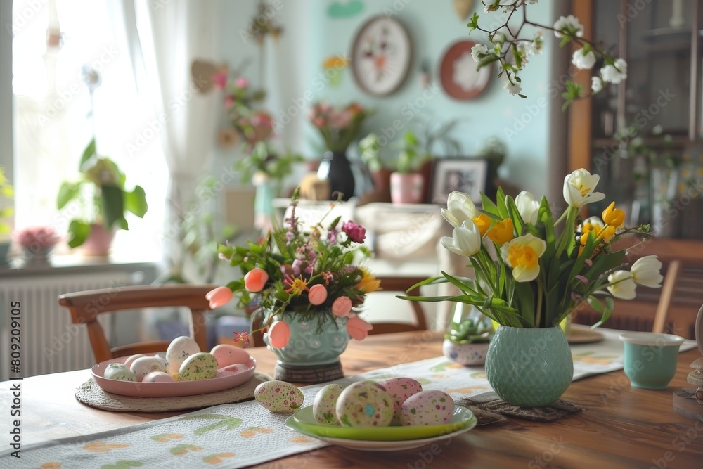 A wooden table covered in a variety of colorful flowers and Easter eggs, A cozy home decorated with Easter-themed crafts A wooden table covered in a variety of colorful flowers and Easter eggs, A cozy home decorated with Easter-themed crafts