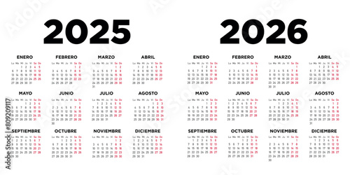 Calendario 2025 2026 en español. Semana comienza el lunes. Sábados y domingos en rojo. Ilustración	
