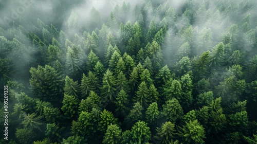 Aerial View of a Lush Forest Enveloped in Misty Serenity