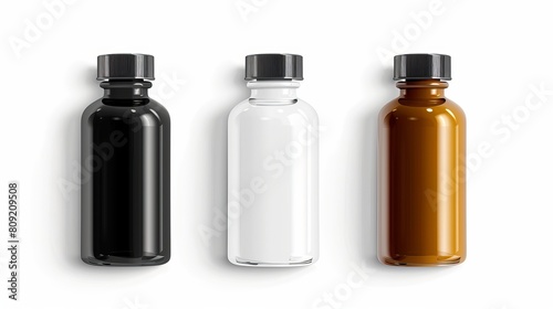 A mockup featuring black, white, and amber bottles isolated on a white background. Suitable for various purposes such as medical, cosmetic, and food packaging. Rendered in vector illustration.