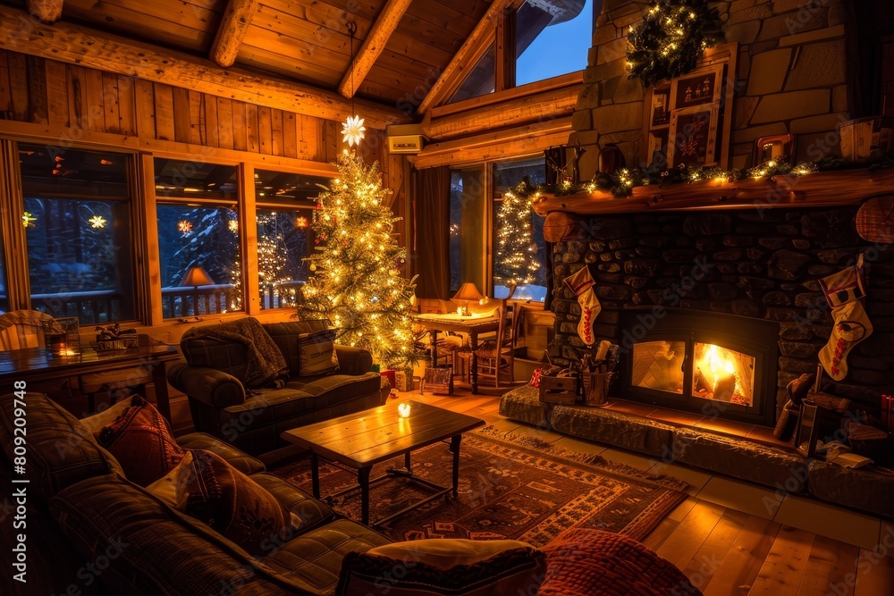 A room filled with furniture and a fireplace emitting warmth and light, A cozy living room with a crackling fire and twinkling Christmas tree lights