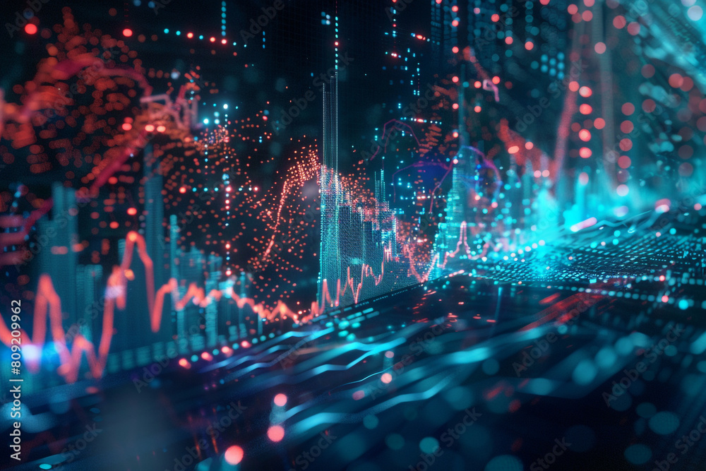 A dynamic holographic projection of financial data, indicating strong positive growth, perfect for a tech-savvy investment firm's advertising The visualization combines futuristic aesthetics