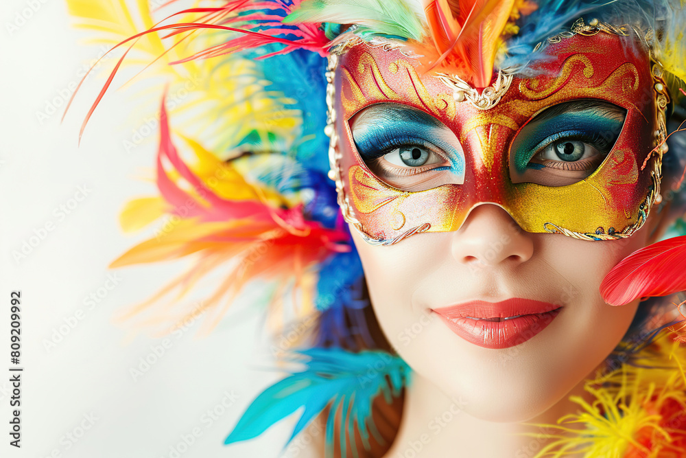 Young woman in carnival mask with colorful feathers on white background