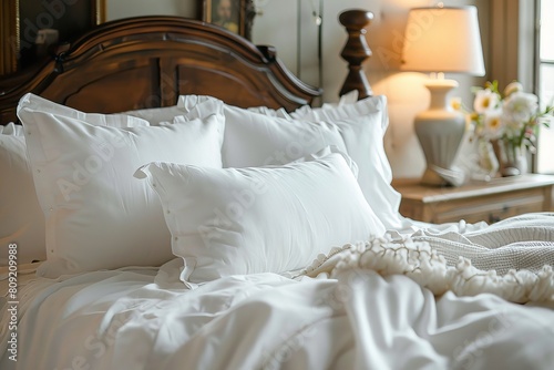 Luxurious White Bedding in a Cozy and Elegant Bedroom.