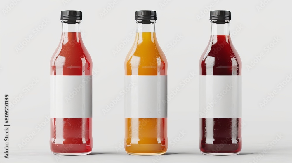 A mockup of juice bottles featuring three bottles with blank labels. A mockup of juice bottles featuring three bottles with blank labels.