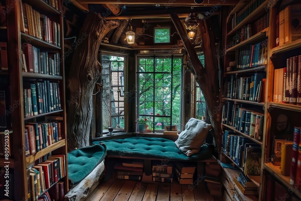 A room filled with numerous books stacked on shelves, with a window letting in natural light, A cozy reading nook surrounded by towering bookshelves A room filled with numerous books stacked on shelves, with a window letting in natural light, A cozy reading nook surrounded by towering bookshelves
