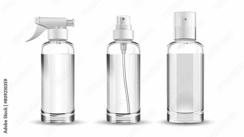 Realistic Cosmetic glass bottle can sprayer container. Dispenser for cream, soups, and other cosmetics With lid and without. Template For Mock up Your Design. vector illustration Realistic Cosmetic glass bottle can sprayer container. Dispenser for cream, soups, and other cosmetics With lid and without. Template For Mock up Your Design. vector illustration
