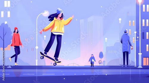 Carefree Woman Skateboarding with a Wide Smile