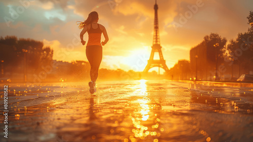 Woman running at sunset with Eiffel Tower in background.