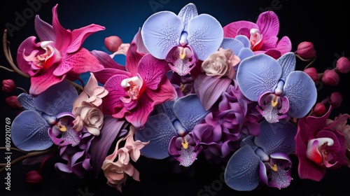 Vibrant Pink and Blue Orchids with Roses in Bloom. Generative AI