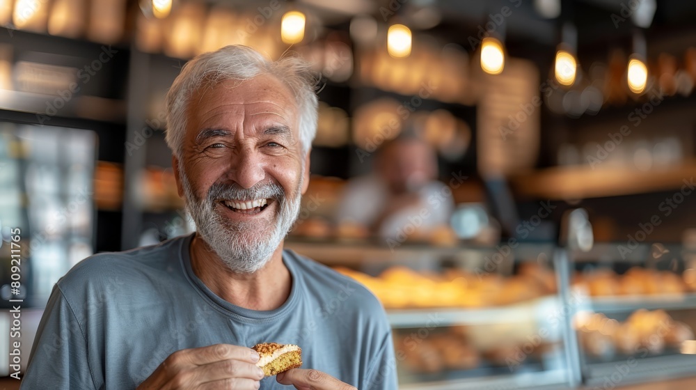A man, smiling, holds a pastry before the bakery counter with his right hand A man, smiling, holds a pastry before the bakery counter with his right hand