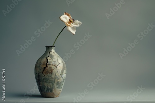 A cracked vase containing a wilting flower placed on a table, A cracked vase holding a single wilting flower photo