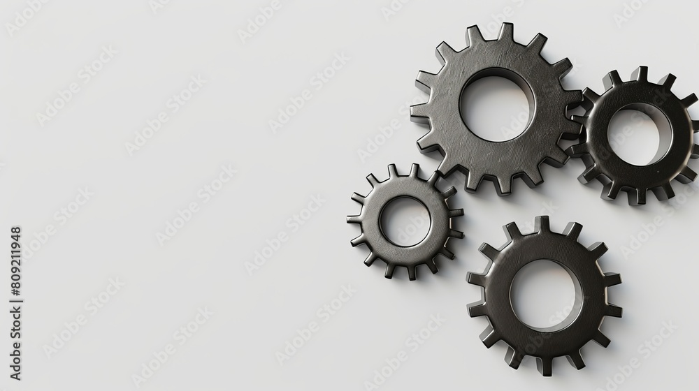A top view of three metal gears isolated on a white background, representing teamwork and cooperation in business endeavors. Presented in a 3D render. A top view of three metal gears isolated on a white background, representing teamwork and cooperation in business endeavors. Presented in a 3D render.
