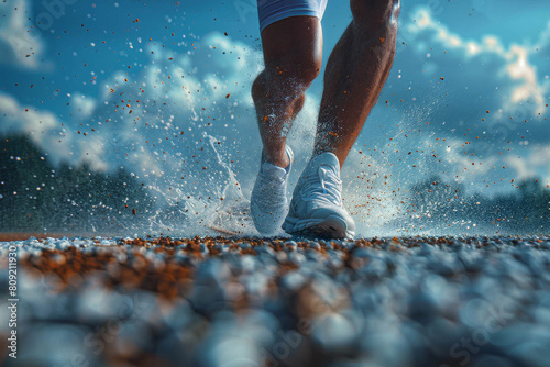 Close-up of a runner's legs on a track with dirt and water