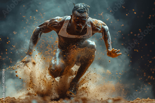 Male athlete man jumps in front on a dirt and dust track