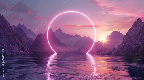 A stunning 3D-rendered abstract wallpaper featuring a picturesque sunset or sunrise framed by a round geometric shape