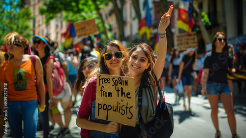 Two girls demonstrating against populism in Spain photo