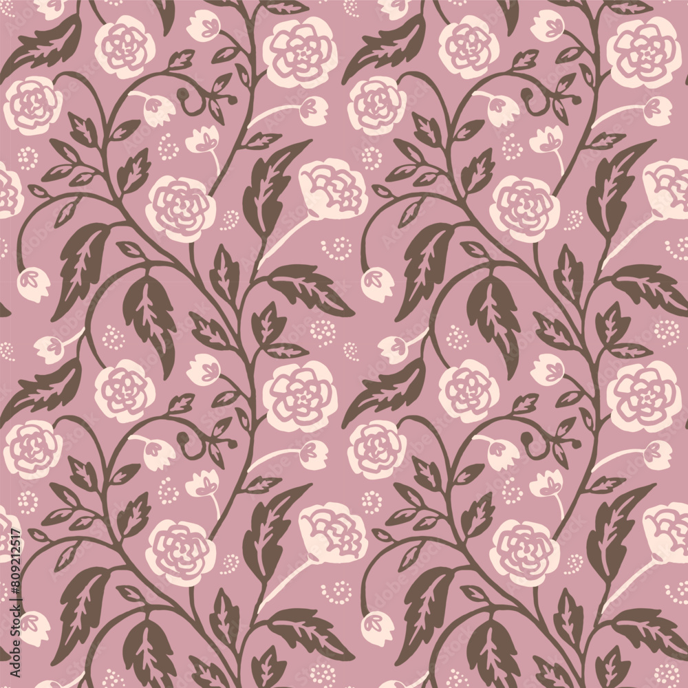 Rose Magnolia Peony Begonia Iris Abstract Seamless Vector Pattern in Peach Fuzz Light Pink Color. Modern Victorian Style Rose Magnolia Peony Begonia Iris Abstract Seamless Vector Pattern in Peach Fuzz Light Pink Color. Modern Victorian Style