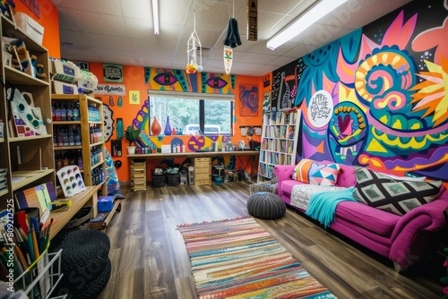 Vibrant Room Filled With Bookshelves  A creative studio with colorful art supplies  inspirational quotes on the walls  and a vibrant mural as a focal point