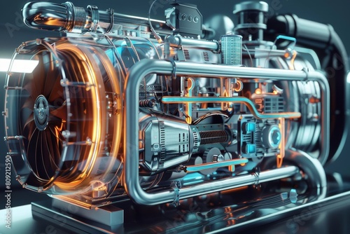 Close-up of intricate machinery components inside a device, A creative visualization of the inner workings of an air conditioner system