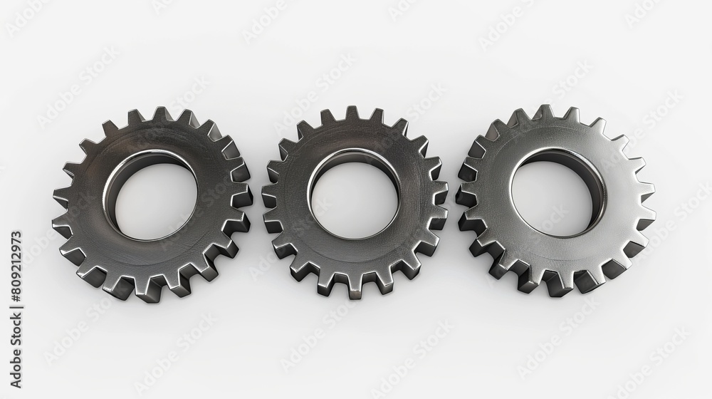 A top view of three metal gears isolated on a white background, representing teamwork and cooperation in business endeavors. Presented in a 3D render. A top view of three metal gears isolated on a white background, representing teamwork and cooperation in business endeavors. Presented in a 3D render.