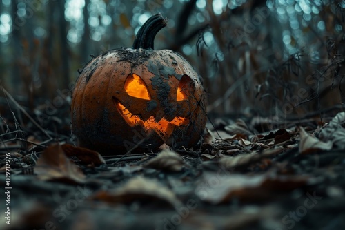 A creepy jack olantern placed in the eerie ambiance of a dimly lit forest, A creepy jack-o-lantern in a dimly-lit forest photo