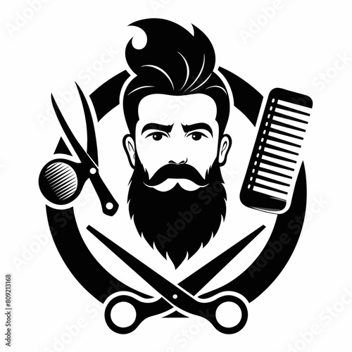 Barber logo, scissors, comb, hairbrush, beard silhouette on white background