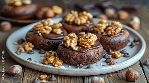  Three chocolate-covered cupcakes sit atop a wooden table, their frosting adorned with chopped walnuts A white plate serves as the perfect back