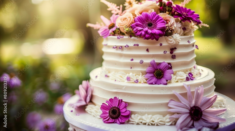 Purple and white flowers adorn the top, while daisies in matching hue decorate the base Purple and white flowers adorn the top, while daisies in matching hue decorate the base