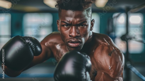  Black man practicing boxing sport, person is focused and enjoying the sport, sports photography, generative ai © Hixel