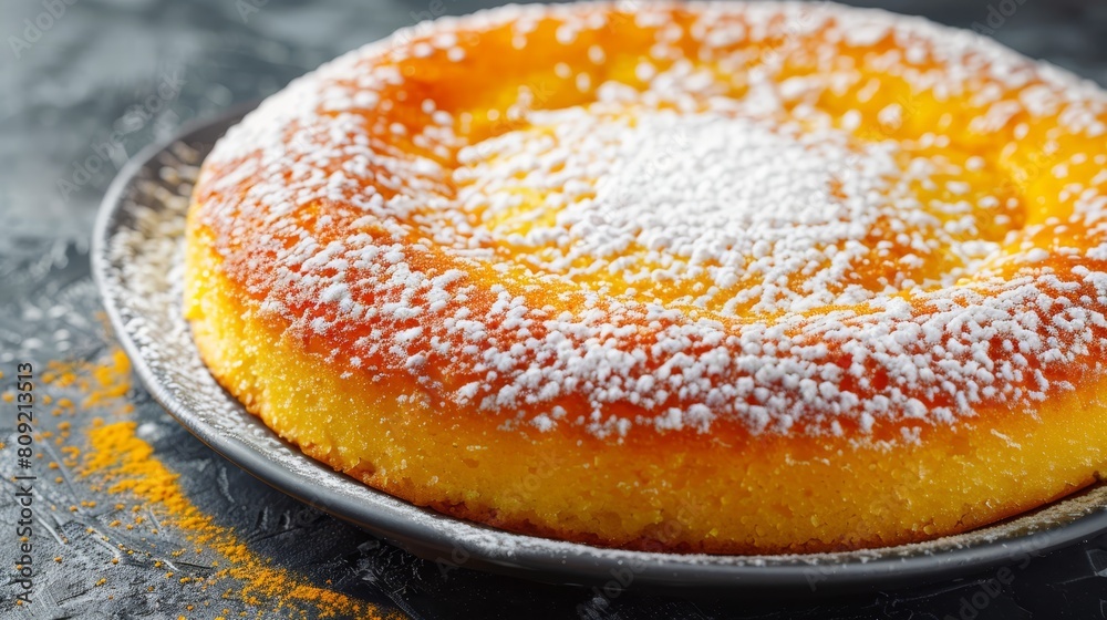 A cake topped with powdered sugar sits on a plate, positioned on a table Yellow and white sprinkles decorate the cake's surface A cake topped with powdered sugar sits on a plate, positioned on a table Yellow and white sprinkles decorate the cake's surface