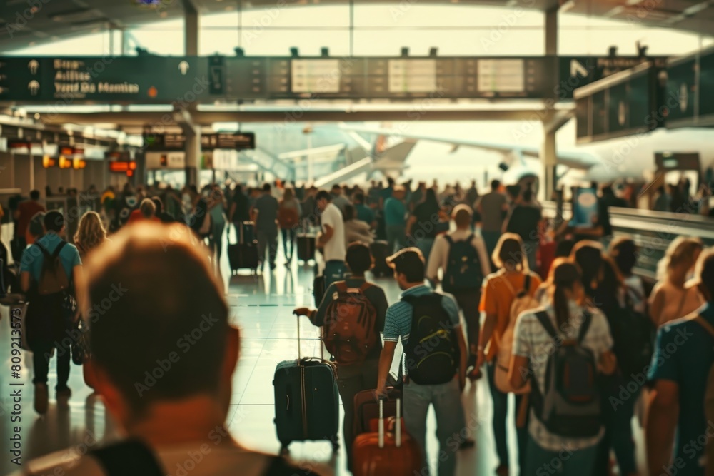 Busy Crowd Walking Through Airport Terminal, A crowded airport terminal filled with travelers hauling luggage and looking for their gates