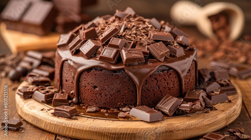   A chocolate cake sits atop a wooden cutting board, generously adorned with chocolate chunks and chopped pieces