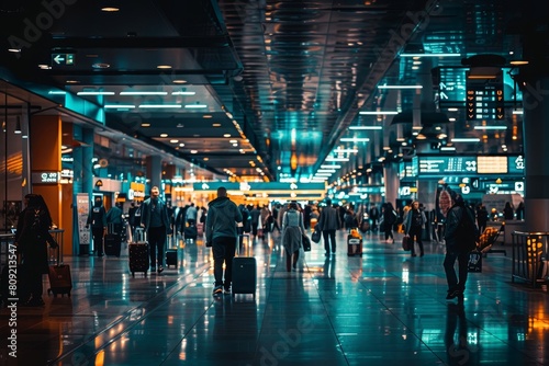 A group of people walking through a bustling airport terminal filled with travelers and luggage, A crowded airport terminal filled with travelers hauling luggage and looking for their gates