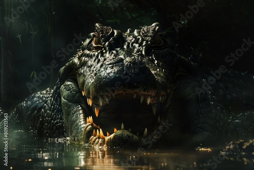 A menacing alligator showing its teeth while lurking in the water, A crocodile with a sinister grin, lurking in the shadows