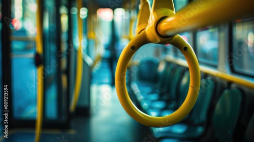 A detailed close-up of a yellow handrail ring inside a bus, designed for the safety and support of standing passengers photo