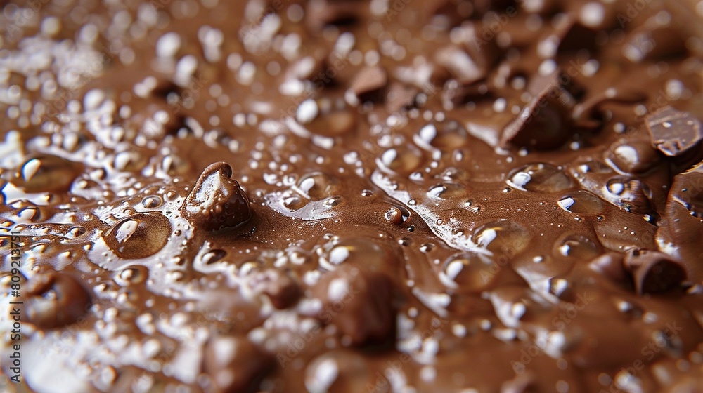Close-up of a chocolate cake with chocolate chunks and water droplets on top, and chocolate pieces at the bottom Close-up of a chocolate cake with chocolate chunks and water droplets on top, and chocolate pieces at the bottom