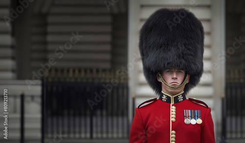 British royal guard with bearskin hat in uniform
