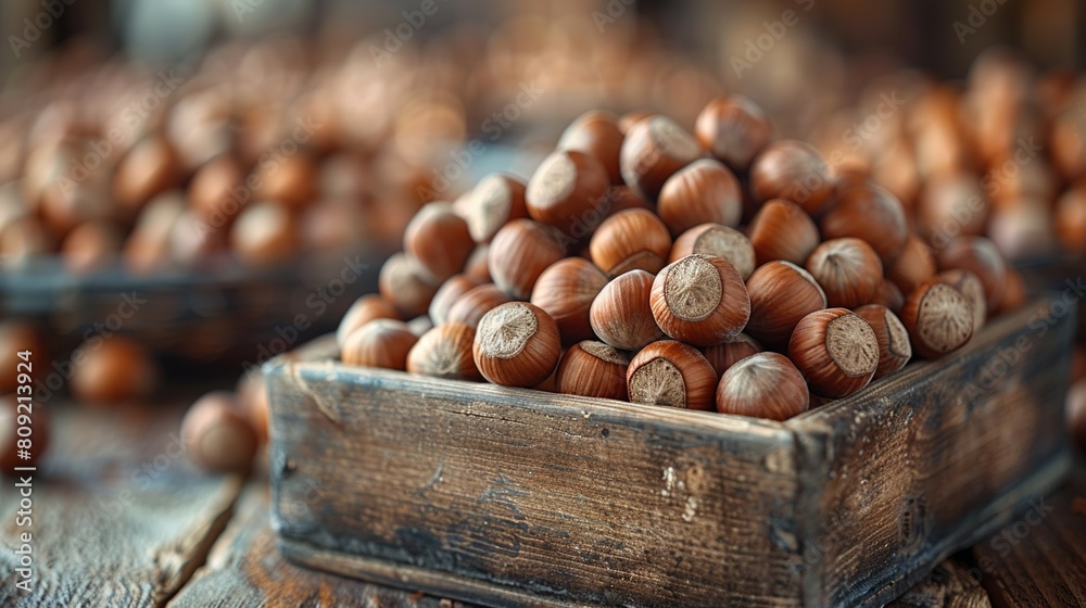   A wooden box containing nuts sits atop a wooden table alongside another wooden box full of nuts