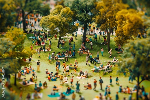 Multiple individuals gathered on grassy area in park, seated and engaging in leisure activities, A crowded park with people enjoying picnics and playing games