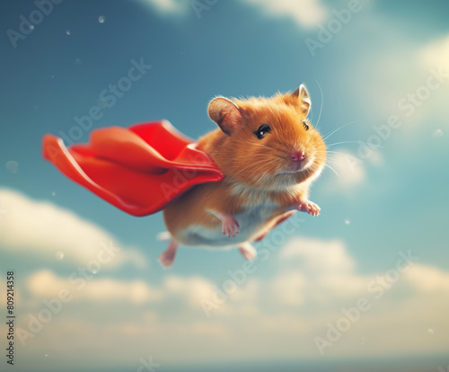 A cute hamster wearing a red cape flies through the sky.