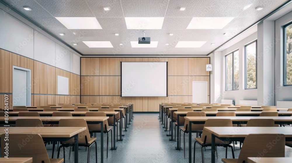 A well-organized, empty university classroom awaits the return of students and teachers A well-organized, empty university classroom awaits the return of students and teachers