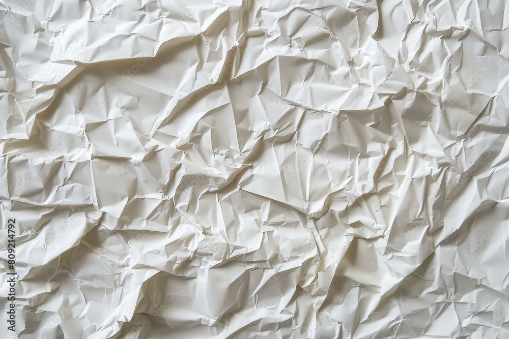 Obraz premium Detailed view of a white paper with deep wrinkles and creases, close-up shot, A crumpled paper texture with deep wrinkles and uneven bumps