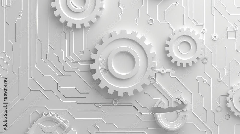 Abstract futuristic vector illustration featuring a 3D white paper gear wheel on a circuit board background. Symbolizes hi-tech engineering and technology advancements. Abstract futuristic vector illustration featuring a 3D white paper gear wheel on a circuit board background. Symbolizes hi-tech engineering and technology advancements.