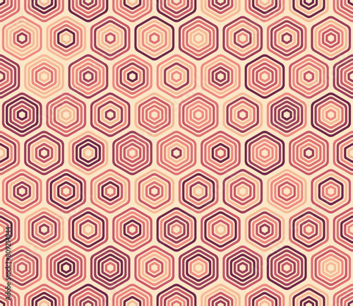 Abstract vector background. Bold rounded stacked hexagons mosaic pattern. Hexagonal cells. Multiple tones color palette. Seamless pattern. Tileable vector illustration.