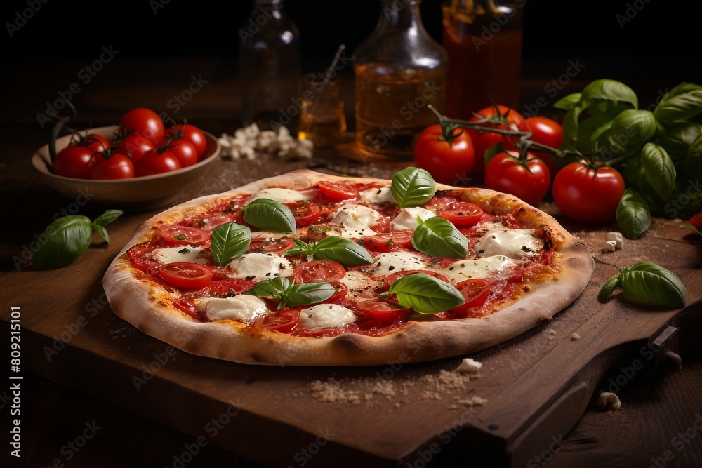 Fresh Homemade Italian Neapolitan pizza Margherita with tomato sauce and basil