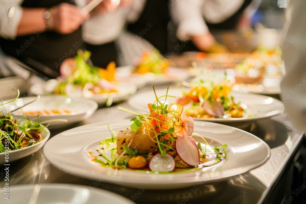 Close-up view of multiple plates of delicious food arranged neatly on a table, A culinary experience not to be missed