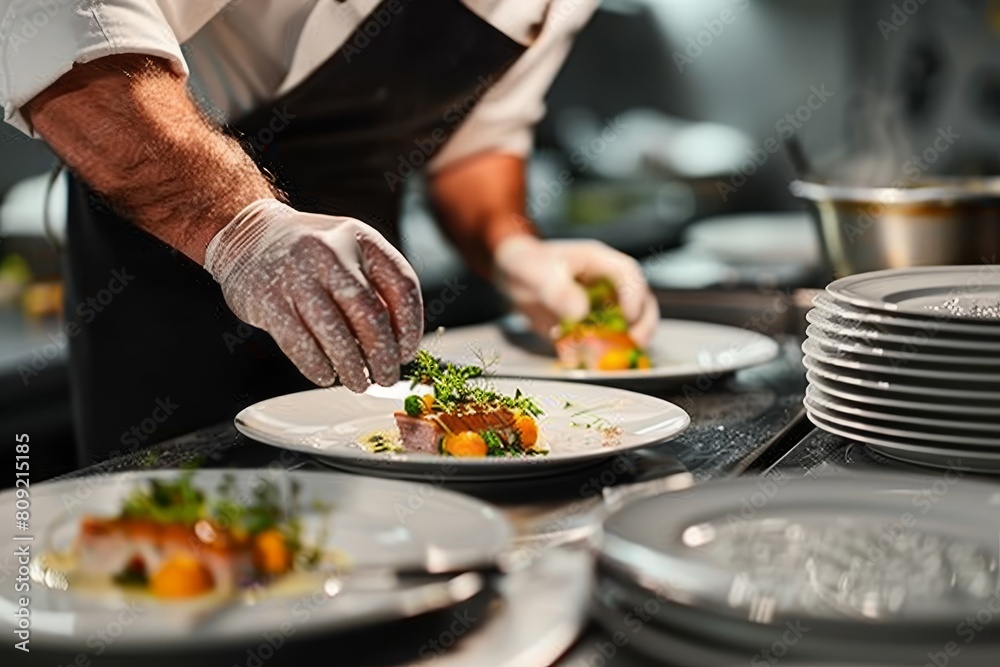 A chef is busy preparing food on plates in a commercial kitchen setting, A culinary experience not to be missed